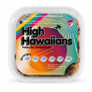 High Hawaiians Magic Truffels verpakking met holografisch glitter label op witte achtergrond