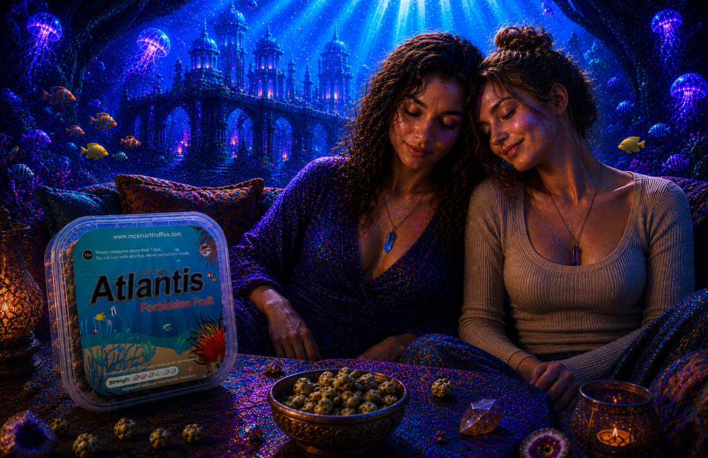 Twee vrouwen ontspannen samen tijdens een veilige Atlantis Magic Truffels trip met tripsitter