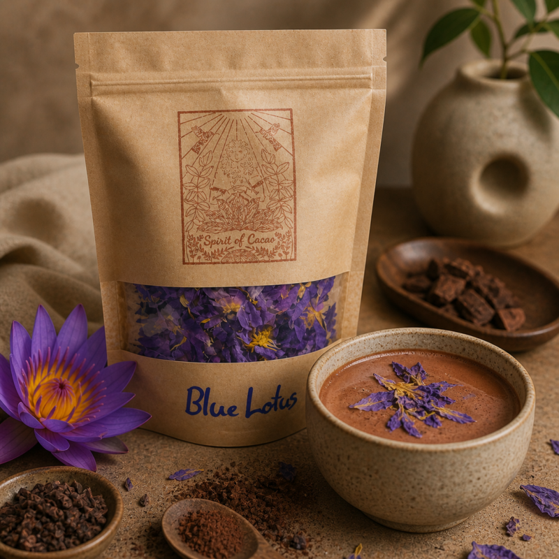 blue lotus gedroogde bloemen met ceremoniële cacao drankje