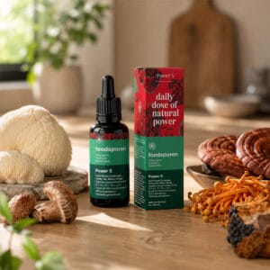 Foodsporen Power 5 tinctuur in keuken met Lion’s Mane, Reishi, Chaga, Cordyceps en Agaricus Blazei