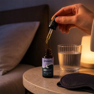 Hand met pipet van Hemplife CBD Nacht olie met melatonine 20ml