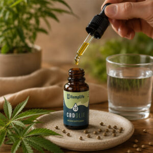 Hand met pipet van Hemplife CBD olie 10% met druppelende olie
