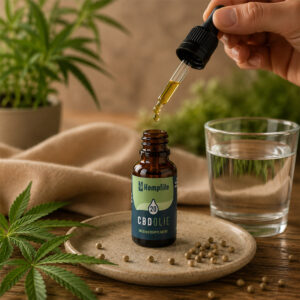 Hand met pipet van Hemplife CBD olie 20% met druppelende olie