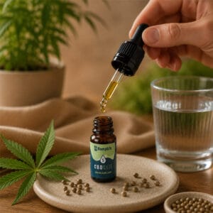 Hand met pipet van Hemplife CBD olie 5% met druppelende olie