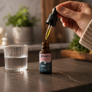 Hand met pipet van Hemplife CBN olie 5% 10ml met druppelende olie