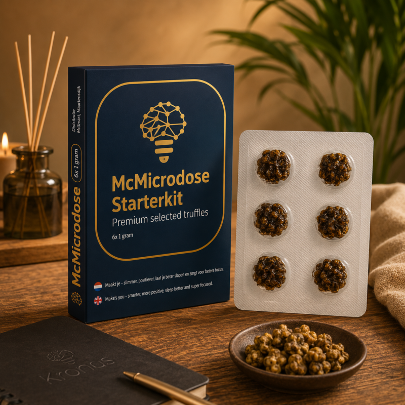 McMicrodose Starterkit met blisterverpakking van microdosing truffels in thuis setting.