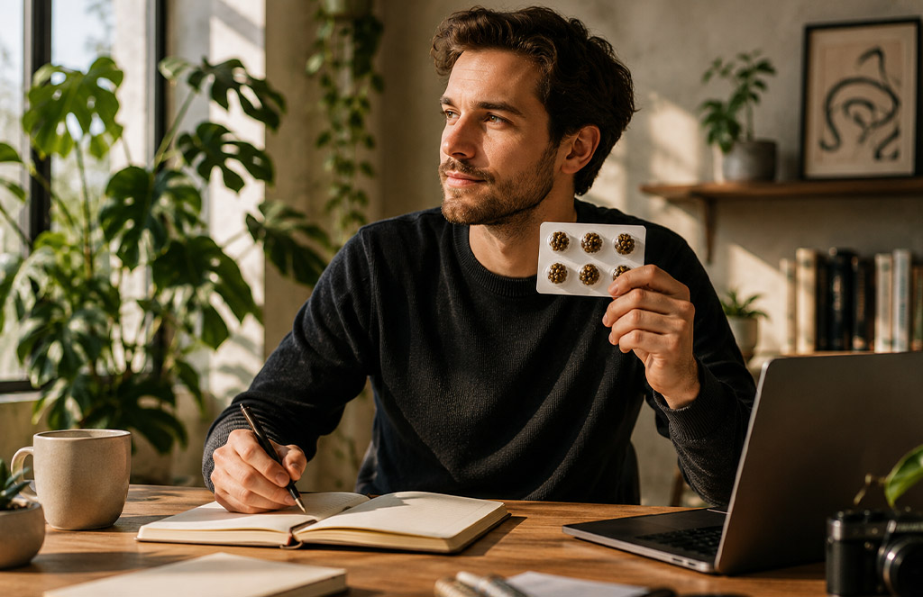 Persoon gebruikt McMicrodose microdosing truffels tijdens een rustige lifestyle en focus routine.Persoon gebruikt McMicrodose microdosing truffels tijdens een rustige lifestyle en focus routine.