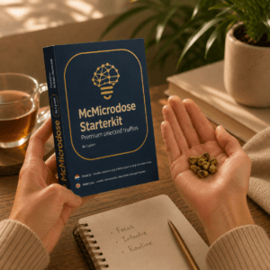 Vrouw houdt McMicrodose Starterkit en microdosing truffels vast in een warme thuis setting.