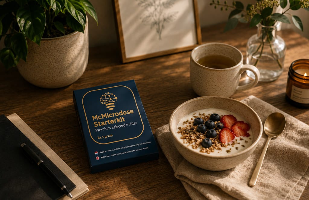 Gezonde ochtendroutine met ontbijt en microdosing lifestyle in een rustige wellness setting.