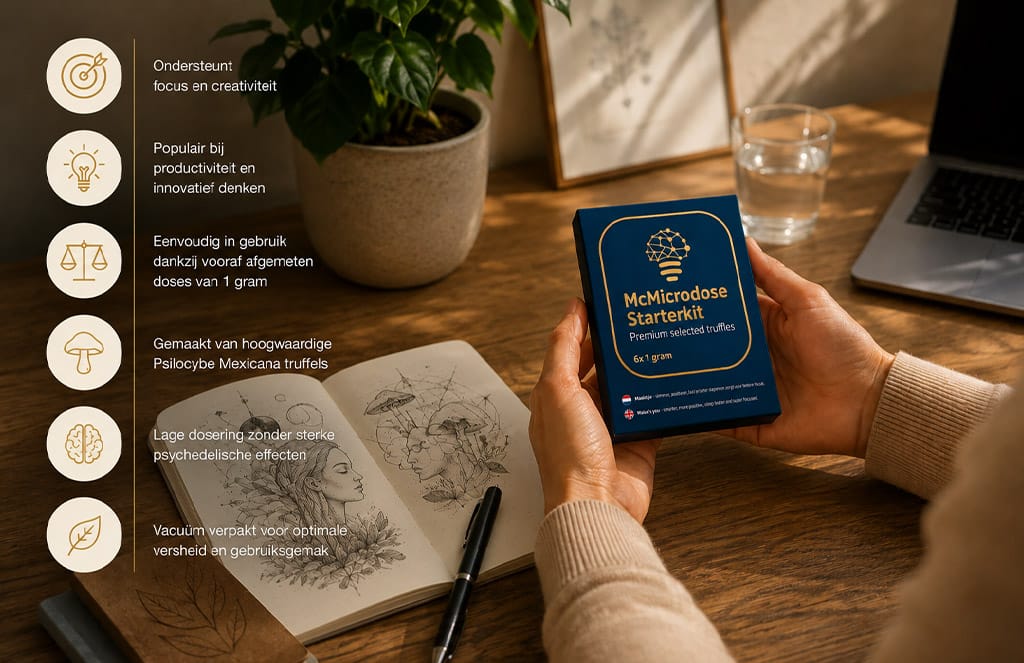 McMicrodose Starterkit met microdosing truffels in premium blisterverpakking op een luxe wellness setting.