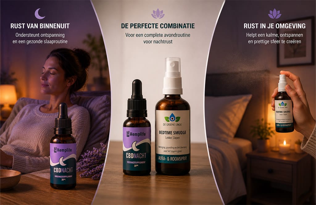 CBD Nachtolie en Bedtime Smudge Auraspray voor rust van binnenuit en in de omgeving