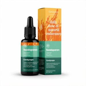 Cordyceps tinctuur 30 ml van Foodsporen met verpakking op witte achtergrond